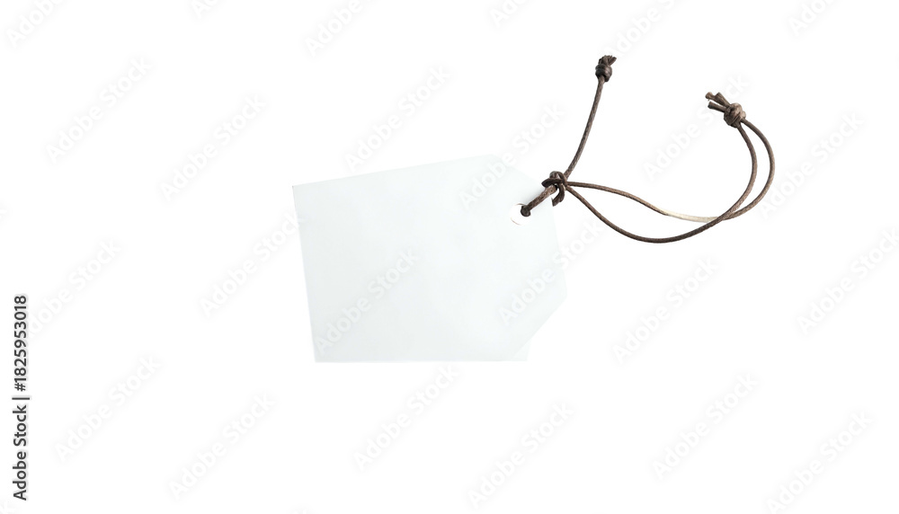 Naklejka premium A white, empty tag hangs by brown string against a deep black background