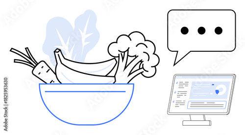 Bowl of fruits, vegetables, chat bubble, computer screen. Ideal for nutrition, health, wellness, meal planning communication dietary analysis online consultation. Simple flat metaphor