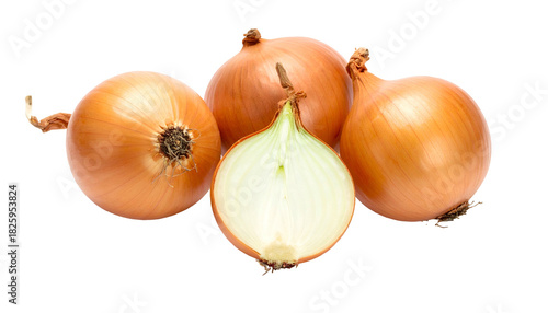 Wallpaper Mural Close-up of four onions, one cut in half, showcasing layers and golden skin (1) Torontodigital.ca