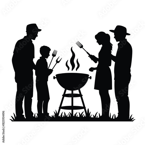 Family gathering around a grill Vector, Silhouette, Illustration