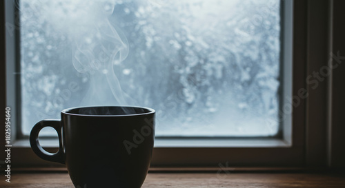 A steaming hot drink in a dark mug rests on a window sill, providing a comforting sense of warmth and coziness while observing the blurred, cold, and wet winter weather through the pane