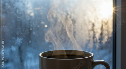 Enjoying a comforting cup of steaming coffee beside a window on a frosty winter day, a perfect moment of cozy warmth and tranquility indoors