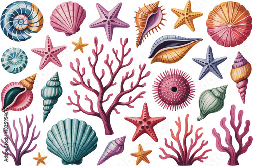 Watercolor Style Marine Life Vector Illustration Set Featuring Seashells, Starfish, Sea Urchins, and Coral Reef for Tropical Beach and Ocean Decoration.