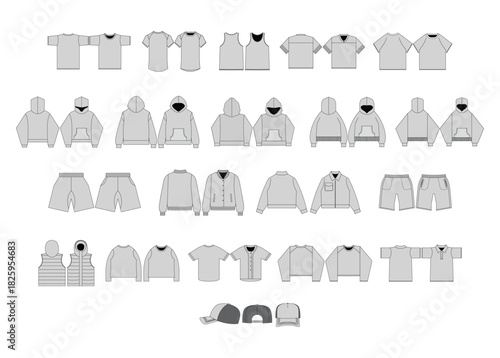 Array of technical flats depict various clothing tees hoodies shorts jackets vests  caps