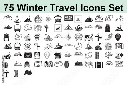 Collection of Black and White Winter Travel Icons Set Featuring Various Transportation Modes, Landmarks, and Activities in a Clean and Minimalist Style
