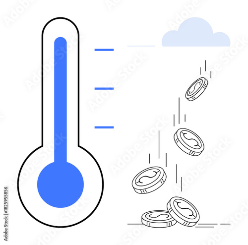 Blue thermometer with increasing levels contrasts with coins falling below a cloud, representing financial difficulties, inflation, or overheating economies. Ideal for economics, finance, savings