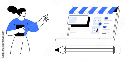Female pointing at a laptop displaying an online store interface, complete with storefront awning and product icons. Ideal for e-commerce, web design, creativity, marketing, selling, technology