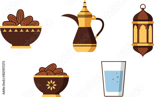 Ramadan icons including dates coffee pot lantern and glass of water