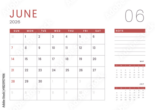 Monthly page Calendar Planner Template design of June 2026. Vector layout of calendar with week start Sunday for Scheduling. Page for size A4 or 21x29.7 cm