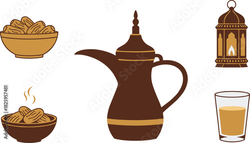 Traditional arabic coffee pot dates and lantern set for ramadan celebration