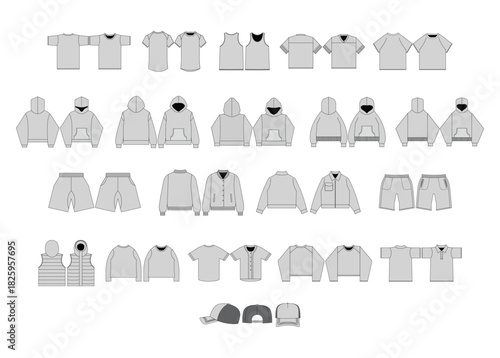 Clothing patterns shirts hoodies jackets shorts vests caps various styles displayed as design sketches