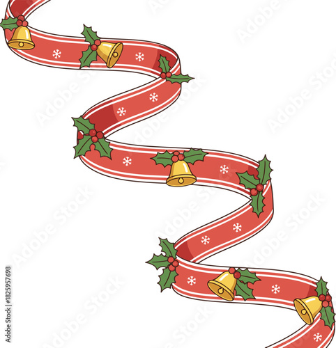 A festive flat vector illustration of a curling red Christmas ribbon decorated with holly leaves, red berries, and golden bells,