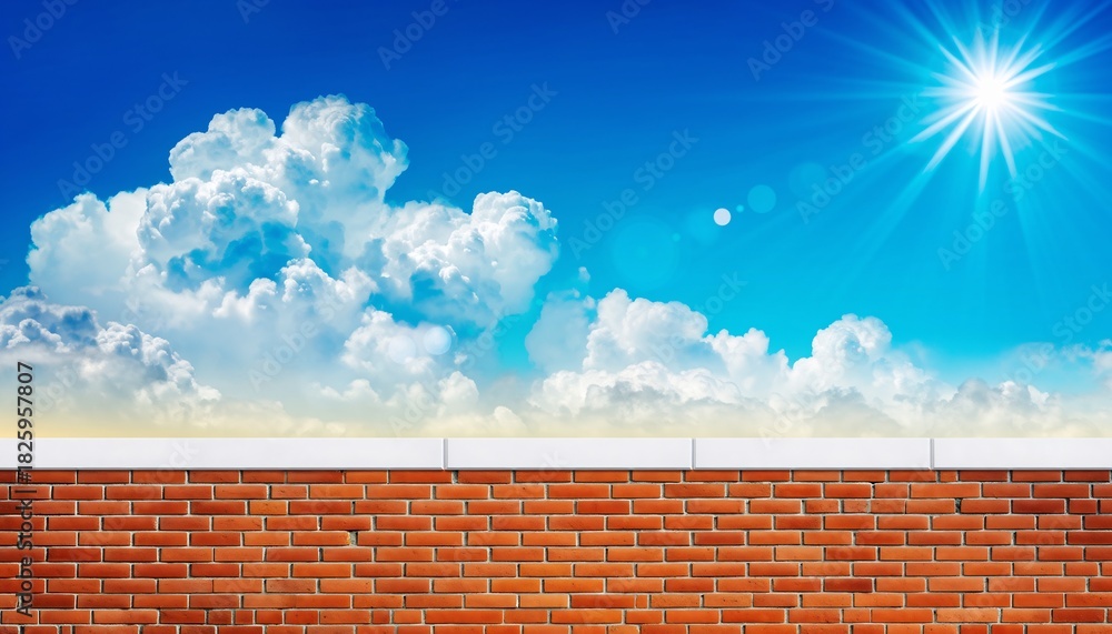 Obraz premium Vibrant blue sky with majestic white clouds and a radiant sun shining over a classic red brick wall with clean white coping, concept for architecture, construction and outdoor living.