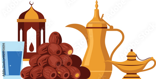 Ramadan iftar food and drink with dates and arabic coffee pot