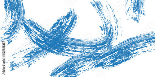 Grunge grainy blue brush stroke with spray texture. Hand drawn distress damaged vintage banner with zigzag bold line. Rough thick brush stroke texture. Spray paint effect vector background.