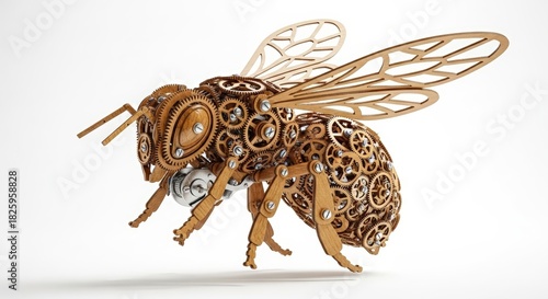 A meticulously crafted wooden bee model showcasing intricate gear mechanisms and detailed design.