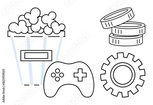 Popcorn bucket, game controller, coins, and gear outline concept. Ideal for gaming, leisure, rewards, entertainment productivity strategy teamwork. Simple flat metaphor
