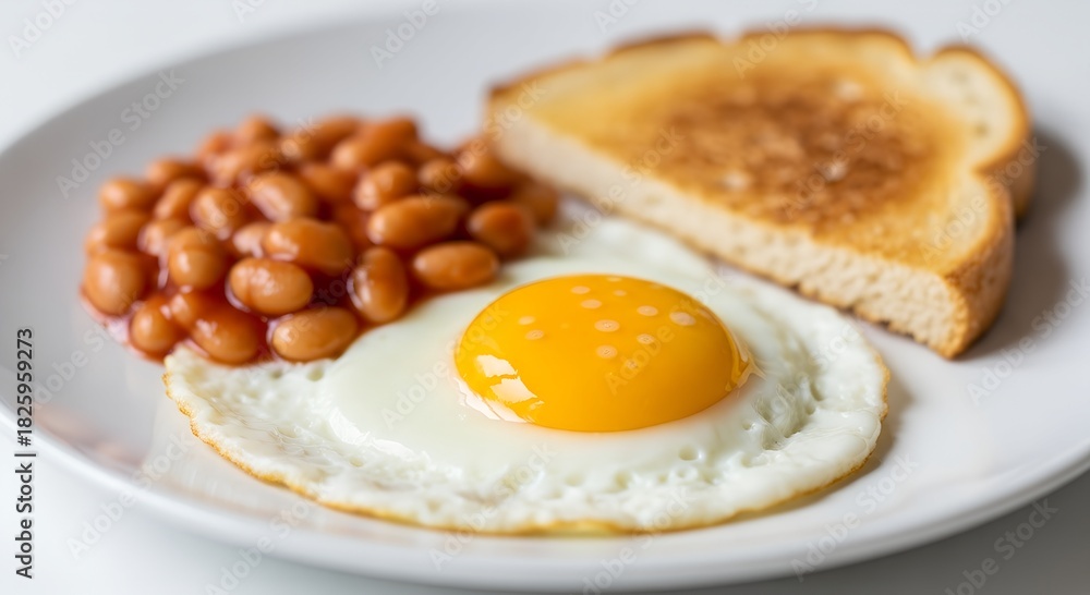 Fototapeta premium Fried egg with baked beans and toasted bread on a white plate 