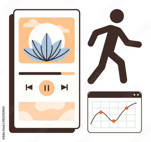 Smartphone meditation app, running figure, graph tracking progress. Ideal for wellness, self-care, health tracking, fitness, mindfulness productivity tech. Simple flat metaphor