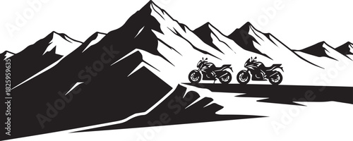 Motorcycle Mountain Adventure Silhouette – Bikers, Pines & Rugged Peaks