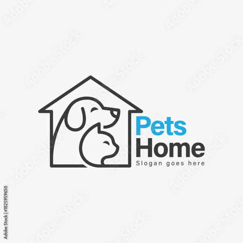 A logo pet home that features a dog and a cat for animal hotel and animal care.