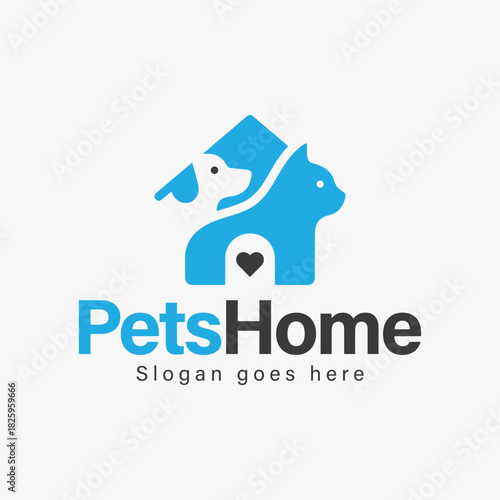 A logo pet home that features a dog and a cat for animal hotel and animal care.