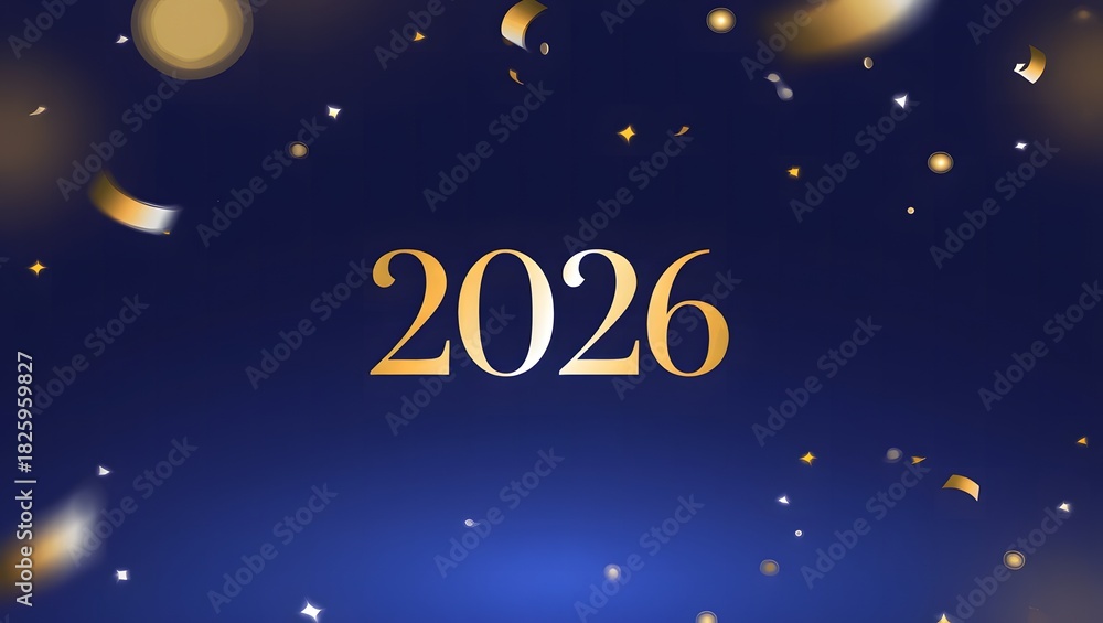 Fototapeta premium Golden 2026 text with falling confetti on a dark blue background, symbolizing new year celebrations, future events, and festive occasions