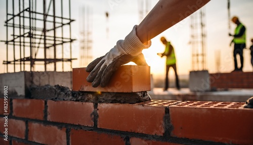 Gloved hand laying a brick on a construction site wall at sunset, with silhouetted workers in the background, concept for construction industry, real estate development and skilled labor