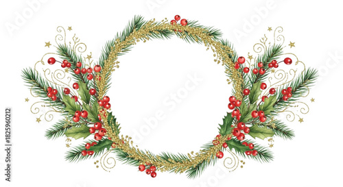 Watercolor Christmas Wreath with Red Berries, Holly Leaves and Gold Glitter Pine Branches