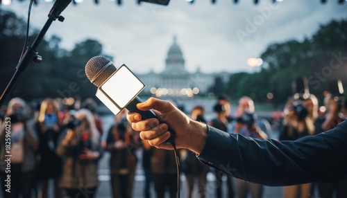 Hand holding a bright microphone reporting at an outdoor press conference with a blurred crowd and government building in the background, concept for news, journalism and public speaking.
