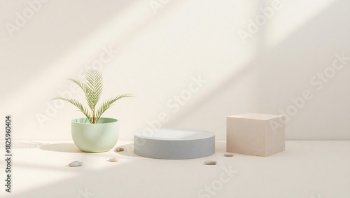 Wallpaper Mural Minimalist product display with soft shadows and a potted plant Torontodigital.ca