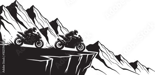 Motorcycle Mountain Adventure Silhouette – Bikers, Pines & Rugged Peaks