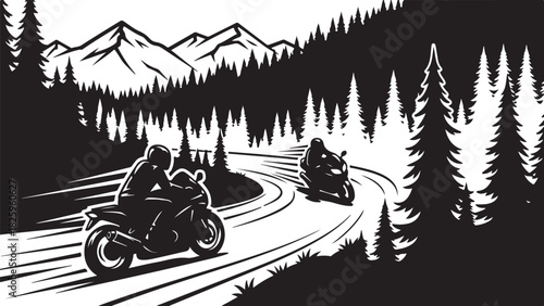 Motorcycle Mountain Adventure Silhouette – Bikers, Pines & Rugged Peaks
