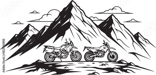 Motorcycle Mountain Adventure Silhouette – Bikers, Pines & Rugged Peaks
