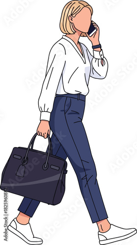A blonde woman walking while talking on the phone, woman talking on mobile phone vector illustration, carrying a bag 