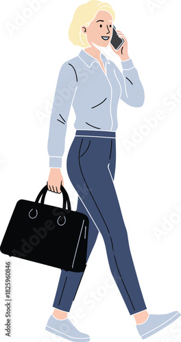 A blonde woman walking while talking on the phone, woman talking on mobile phone vector illustration, carrying a bag  