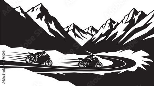 Motorcycle Mountain Adventure Silhouette – Bikers, Pines & Rugged Peaks