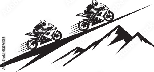 Motorcycle Mountain Adventure Silhouette – Bikers, Pines & Rugged Peaks