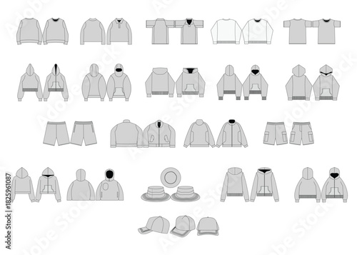 Grey clothing sketches shirts hoodies shorts jackets hats and bucket hats displayed