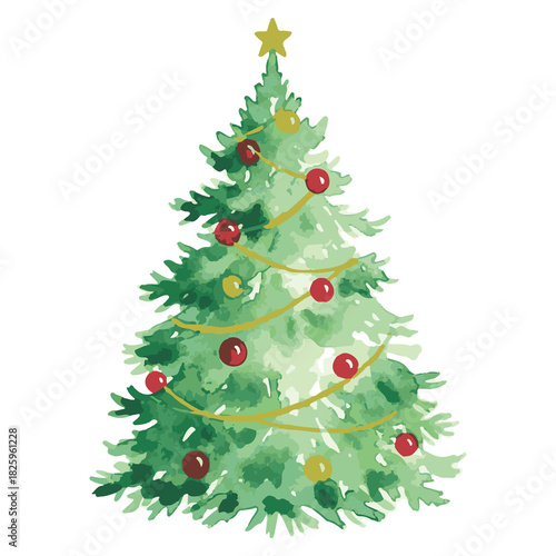 Winter Pine Tree Illustration with Decorations