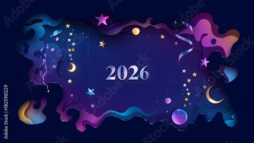 Abstract cosmic frame with stars, moons, and planets celebrating the year 2026, featuring vibrant gradients and a festive, futuristic design