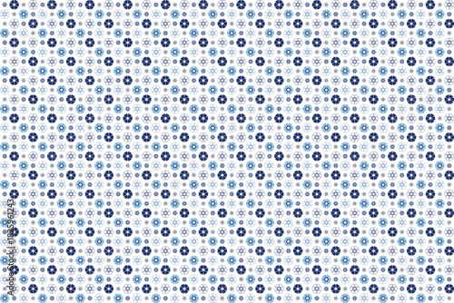 Abstract seamless pattern with geometric 6 fold flower in dark n light blue on white background. Vector illustration, for masculine shirt dress cloth casual cover decoration textile wallpaper 