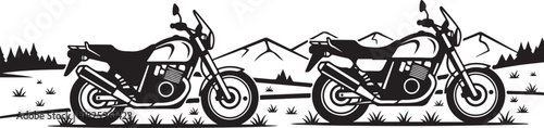 Motorcycle Mountain Adventure Silhouette – Bikers, Pines & Rugged Peaks