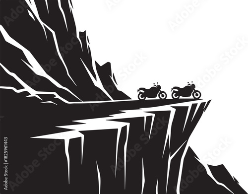 Motorcycle Mountain Adventure Silhouette – Bikers, Pines & Rugged Peaks