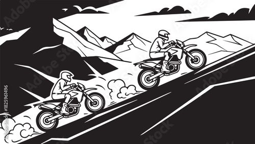 Motorcycle Mountain Adventure Silhouette – Bikers, Pines & Rugged Peaks