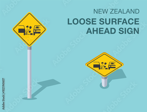 Traffic regulation rules. Isolated New Zealand "loose surface ahead" road sign. Front and top view. Flat vector illustration template.