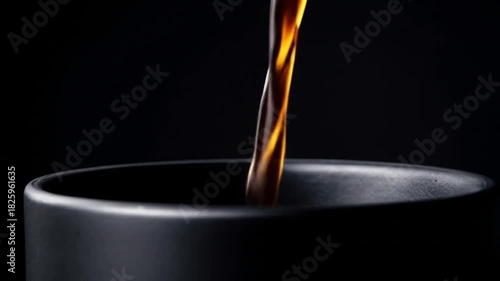 Dark liquid poured into a black cup against a black background