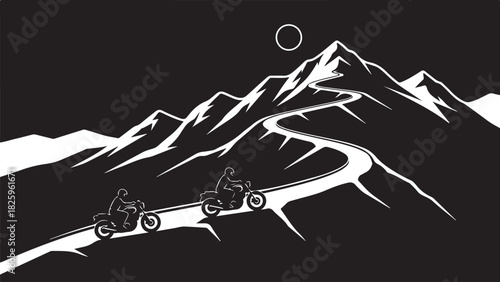 Motorcycle Mountain Adventure Silhouette – Bikers, Pines & Rugged Peaks