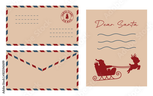 Christmas letter to Santa Claus with vintage airmail envelope and letter featuring reindeer sleigh silhouette, holiday mail design, seasonal correspondence template for kids and families