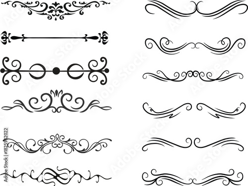 Set of black decorative line dividers with simple vintage ornaments and geometric vector designs.divider marker sketch doodle vector lines set element.set retro decorative page dividers design 